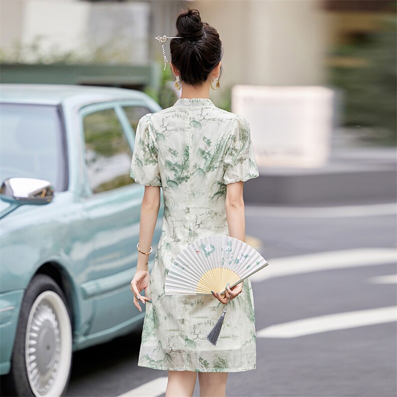 现货2024改良旗袍连衣裙年轻款女夏季新中式高级感禅意碎花裙,商品下架区,韩然一族