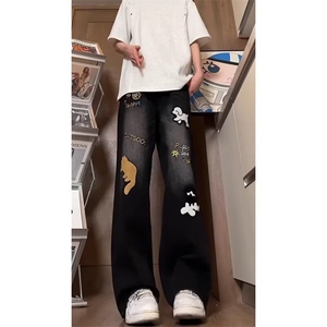 美式高街涂鸦小狗刺绣牛仔裤男青少年时尚百搭水洗设计感直筒长裤图片