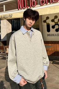 8XL-M 韩版假两件撞色拼接卫衣长袖男翻领宽松套头上衣WY16 P68图片