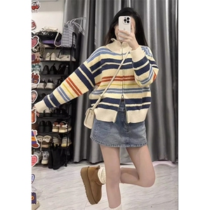 拉链翻领羊毛开衫女宽松软糯撞色条纹毛衣外套针织衫休闲 M6200图片