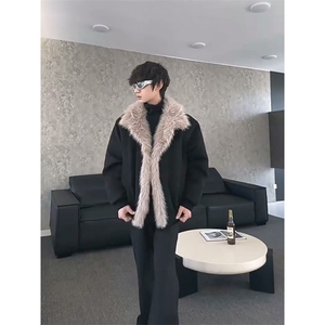 现货重磅硬挺boxy羽绒棉衣座山雕大毛毛领洗水麂皮棉服冬外套图片