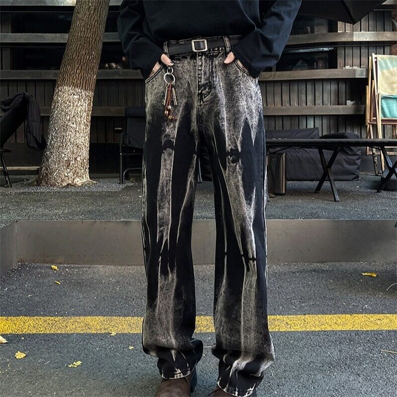 美式高街扎染牛仔裤男生小众设计感潮牌休闲裤子高腰显瘦直筒长裤,男装休闲裤,星座601-1