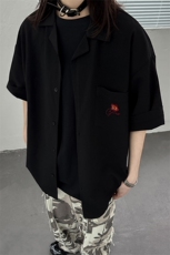 港风中性夏季新款刺绣花短袖衬衫男女装情侣冰丝半袖衬衣S313P48，男装T恤，电商A233-1
