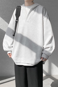 8XL-M叠穿假两件卫衣重磅连帽V领拼接套头衫宽松大码外套WY006P65图片