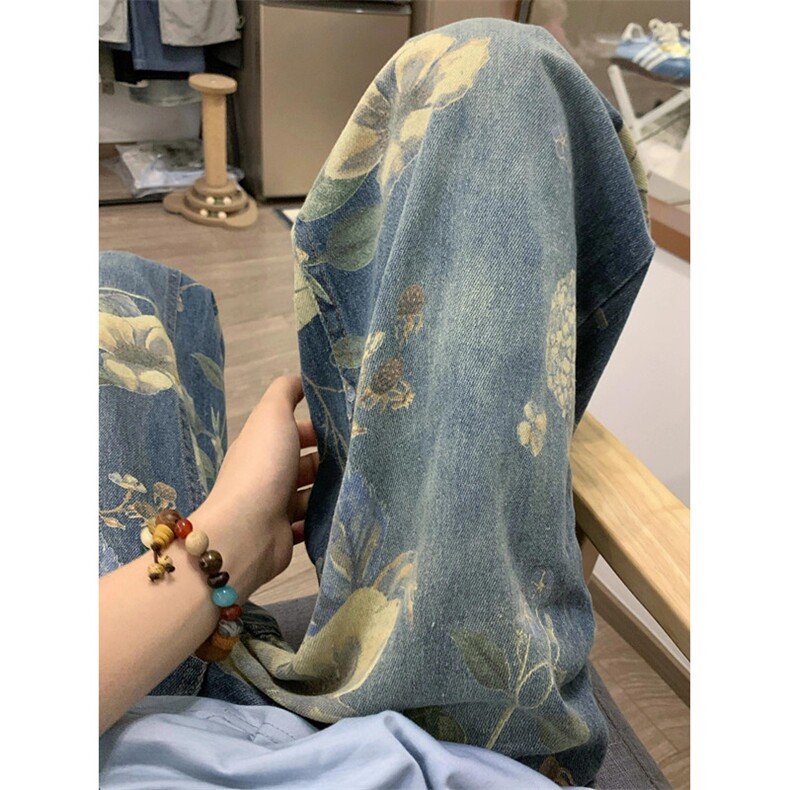 潮美式复古花卉印花牛仔裤男夏小众宽松垂感阔腿拖地裤N7719,男装牛仔裤,星座1116A（原606A-3）