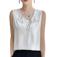 2025夏季新款圆领蕾丝醋酸真丝吊带背心女中式韩版无袖内搭上衣，女装背心吊带，朝贺羊绒