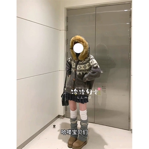 重磅北极绒座山雕大毛毛领毛衣外套冬美式复古休闲慵懒风针织开衫图片