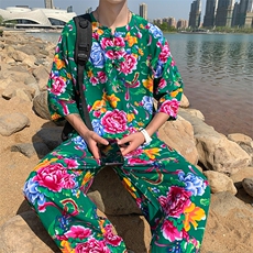 TZ340男士夏季风大花布套装大码宽松凉爽透气民族风个性外套，男装休闲套装，星座115A(原星座507）