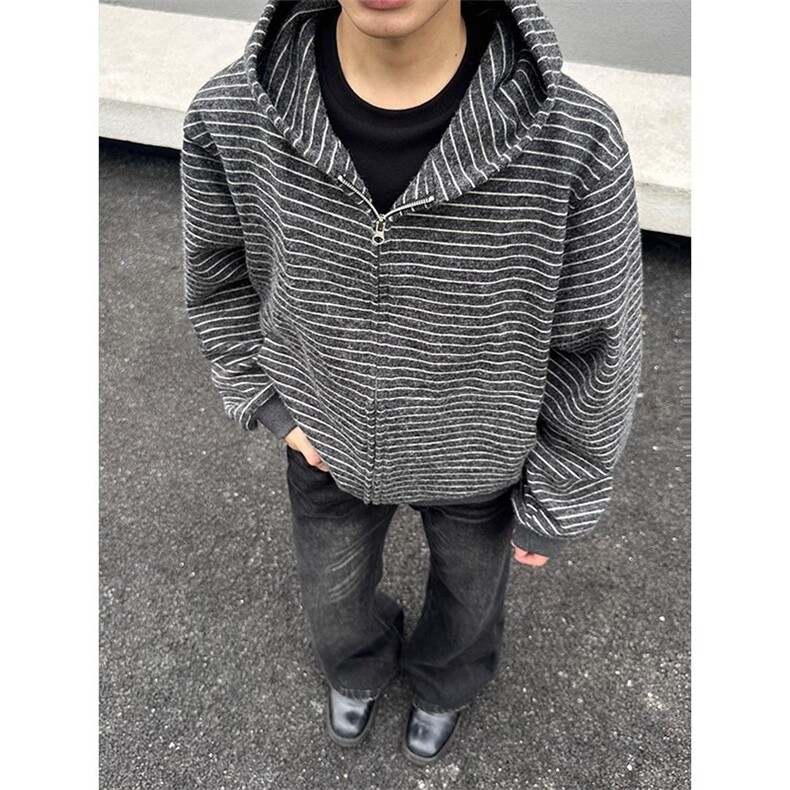 美式复古条纹连帽卫衣男款秋季高级感慵懒风开衫情侣外套WY66,女装短外套,星座516A
