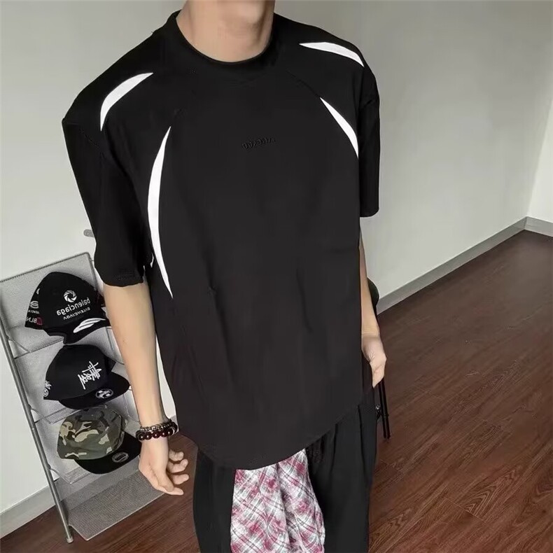 欧美炸街机车风撞色拼接cleanfit短袖男女夏季痞帅复古简约T恤潮,男装T恤,星座1210-1