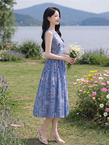 蓝色印花无袖宽松版时尚学院风连衣裙图片