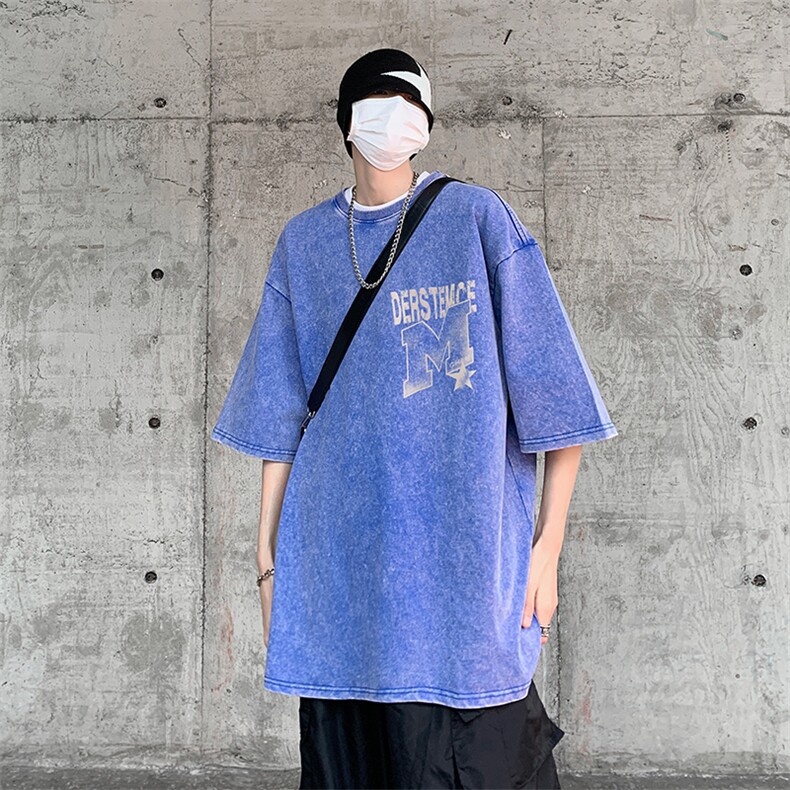 B239-1189-P38大M创意字母印花美式复古水洗做旧落肩袖短袖T恤,男装T恤,星座514-2(原B239)
