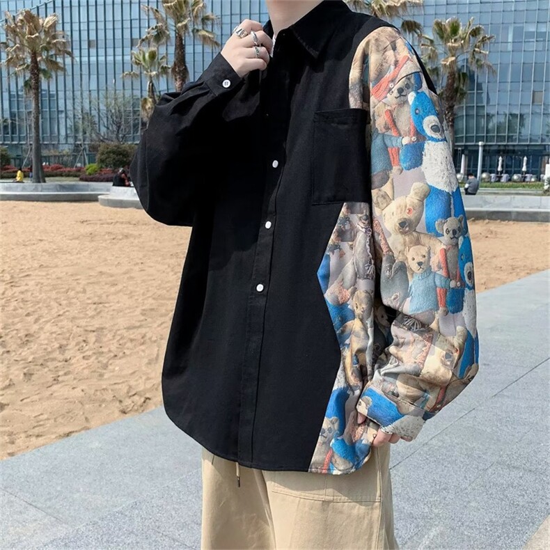 衬衫男长袖小熊拼接衬衣秋季潮牌日系复古衬衣情侣外套 W5971-P28图片