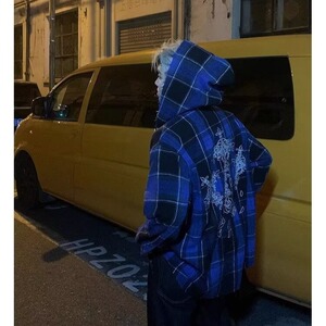 C300-P53 男女同款设计感连帽格子衬衫春秋做旧衬衣宽松小众图片