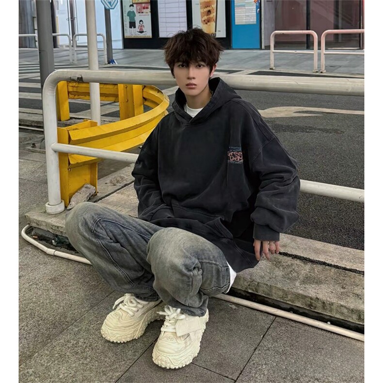 得物抖音高品质360克重磅做旧炒雪花印花连帽水洗卫衣ASL1601,男装卫衣,电商A443