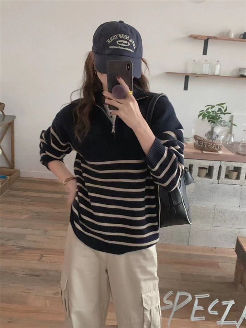 时尚条纹半高领羊毛针织衫百搭显瘦保暖毛衣,针织衫/毛衣,鑫之绒