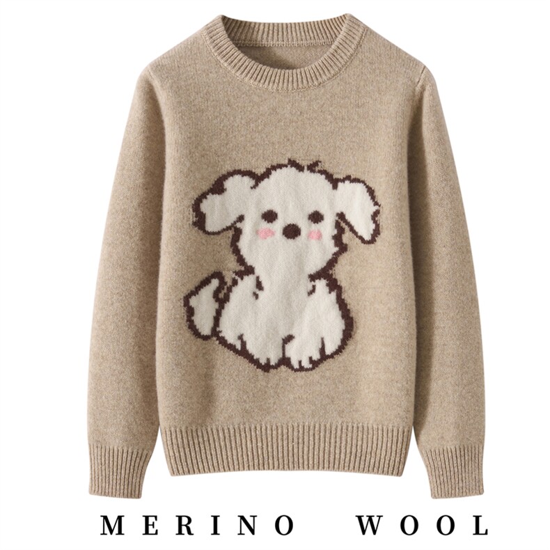 男女通用长袖圆领儿童小狗图案，童装儿童羊毛衫，牧戎奢羊绒