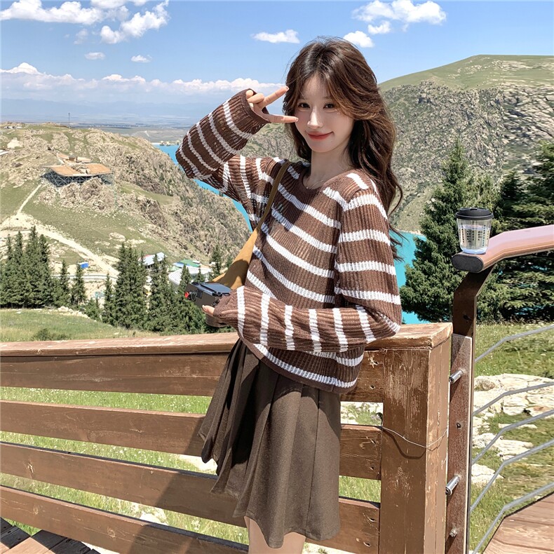 美拉德氛围感套装裙女2025秋新款小个子条纹针织上衣百褶裙两件套,女装套装/套裙,2C135