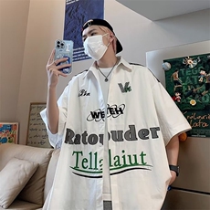 欧美新款美式街头字母印花短袖衬衫男复古嘻哈宽松bf休闲小众衬衣，男装T恤，星座1210-1