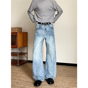 竹节纹牛仔裤男女秋季美式裤子提裆微喇阔腿弯刀长裤RK3023-P49，男装牛仔裤，星座412-2