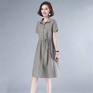 2021年夏季排扣中长款POLO领短袖纯色妈妈连衣裙棉麻韩版裙子图片