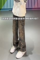 B221美式ins高街小众五角星提花直筒牛仔裤LK24378-特P58控98，男装牛仔裤，电商B221