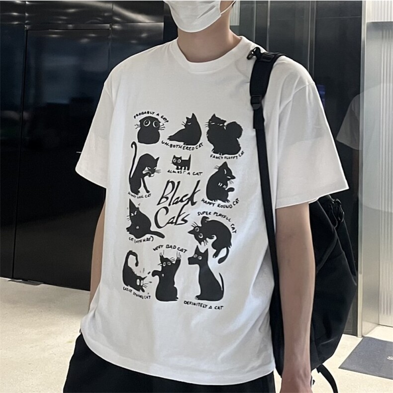 816B-T1039-P40情侣！猫咪t恤纯棉宽松ins韩慵懒男女,男装T恤,星座816B