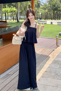 藏青色氛围感辣妹牛仔吊带背心套装女夏新款洋气薄款阔腿裤两件套图片
