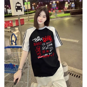 抖音得物品质二开240克宽松纯棉美式潮牌插肩三杠织带短袖T恤图片