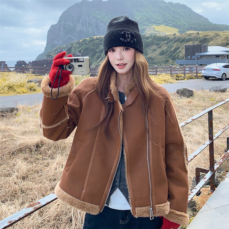 美拉德咖色羊羔毛外套女冬季2025新款时尚皮毛一体麂皮绒加厚棉服,女装羊羔毛/颗粒绒,诺蝶