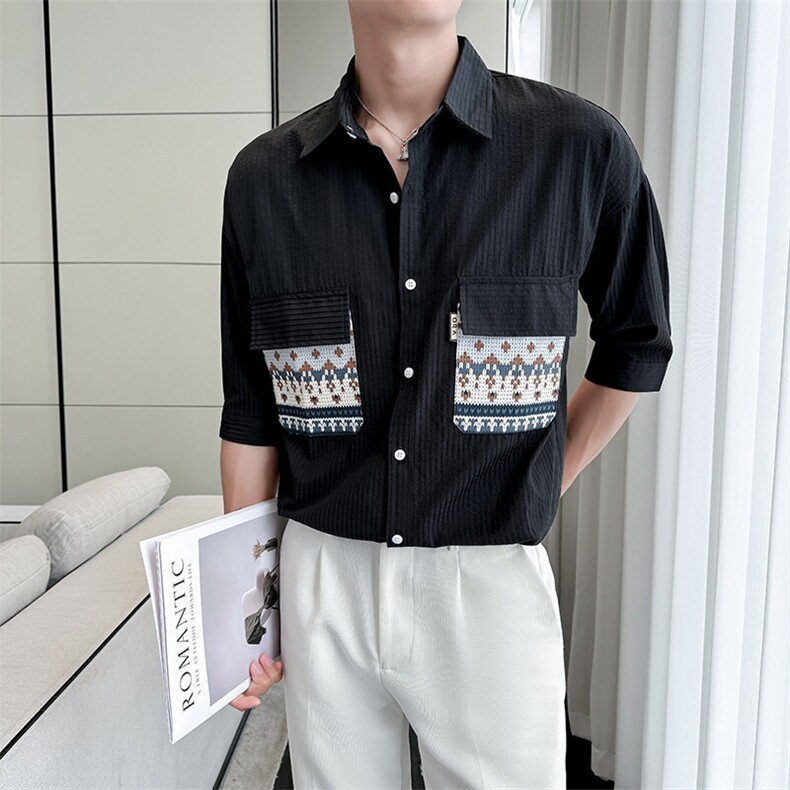 现货2025春季男士高品质衬衫轻奢风七分袖口袋宽松衬衣901C32P58，男装衬衫，星座901