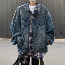 秋款男假两件条纹衬衫牛仔夹克宽松休闲条纹外套JK8624P85，男装夹克，星座1013-1