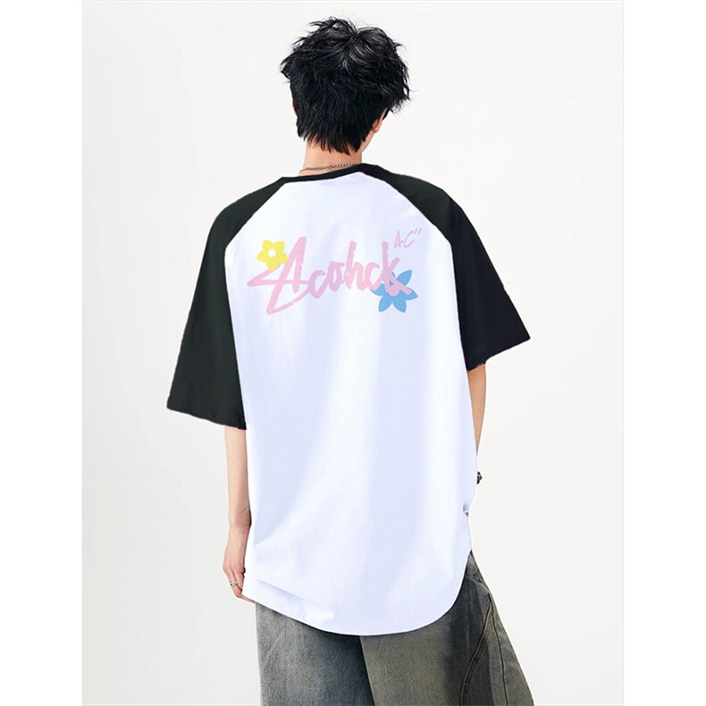 抖音得物高品质二开240克宽松纯棉美式潮牌插肩袖拼接短袖T恤，男装T恤，电商A486-1