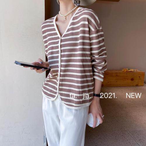 条纹宽松针织开衫，其它，她家