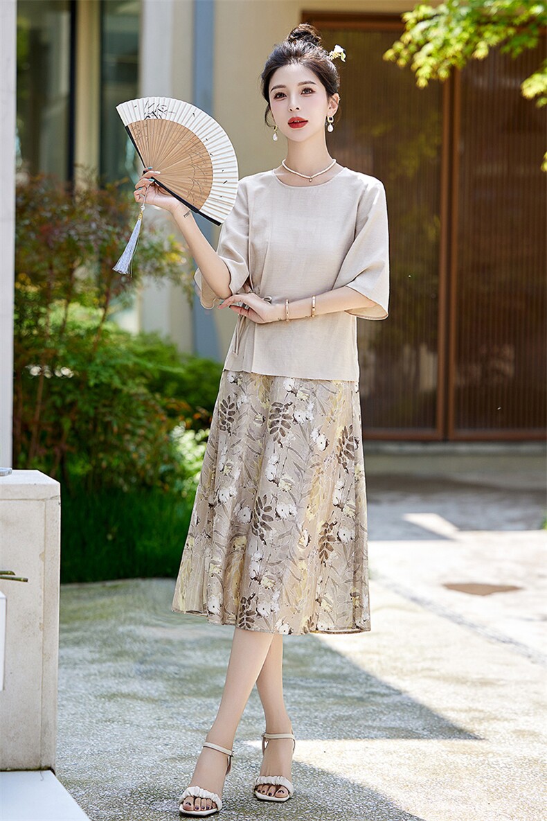 轻熟风妈妈气质国风套装裙女2025夏新款盘扣上衣印花半身裙两件套,女装套装/套裙,牡丹诺