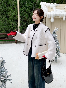 现货-2025年冬季新款90白鸭绒保暖小香风羊毛羽绒服外套女图片