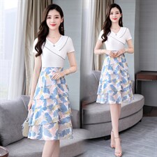 时尚气质修身连衣裙夏季新款显瘦V领短袖印花裙，女装连衣裙，鑫鑫美