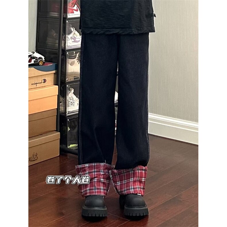 【有货】美式格子拼接卷边牛仔裤男女阔腿裤子高街NZ011WW-特P48,男装牛仔裤,星座1007（原301D）