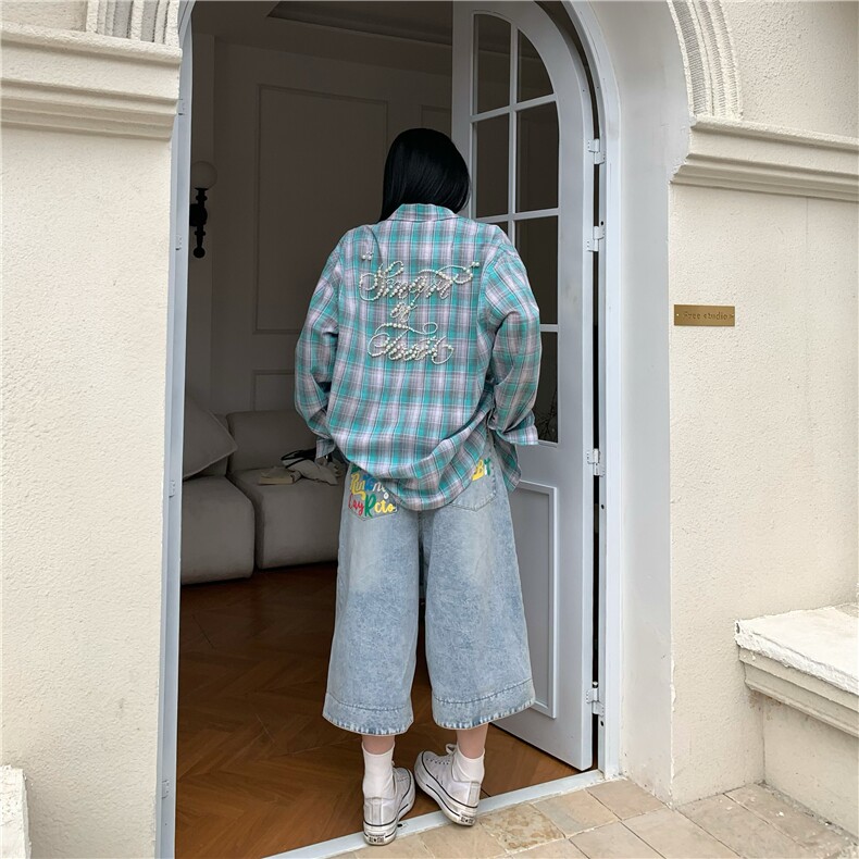 设计感珍珠挂饰撞色格子衬衫女春新款休闲百搭上衣外套CY1201-P48,男装衬衫,星座412-3