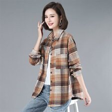 2021年春季格子衬衫排多扣POLO领长袖韩版宽松衬衣外套，女装衬衫，伊满意