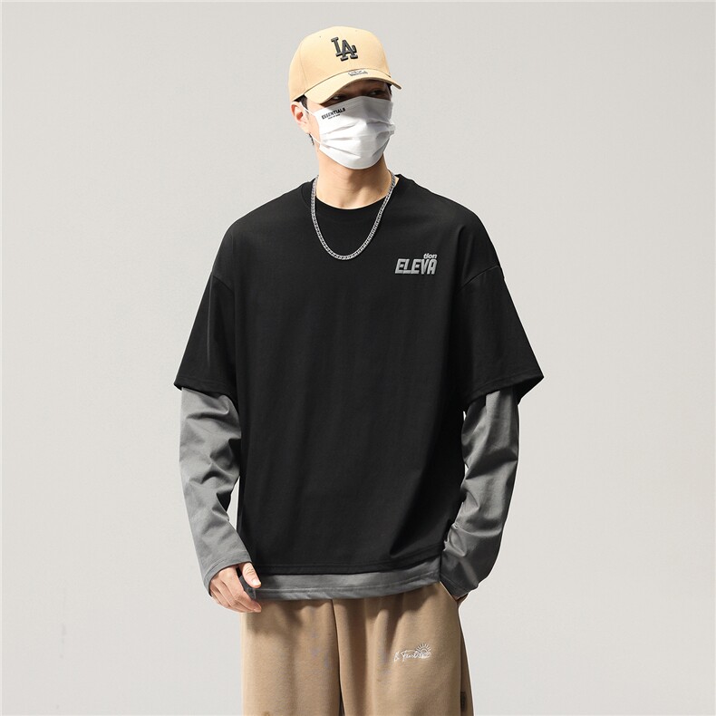 长袖t恤男春秋美式高街潮牌圆领春季宽松假两件卫衣8083-P46控89,男装T恤,电商D215
