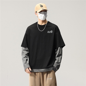 长袖t恤男春秋美式高街潮牌圆领春季宽松假两件卫衣8083-P46控89
