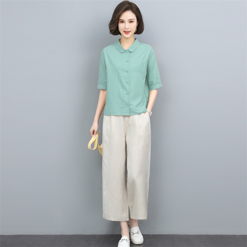 棉麻衬衫女夏季薄款2024年新款复古宽松中年妈妈气质休闲亚麻上衣,女装套装/套裙,璐依舞