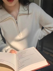 欧洲站气质半拉链翻领针织衫女秋冬宽松厚款POLO领毛衣羊毛衫，女装羊毛衫，思途羊绒