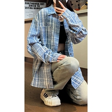 蓝色扎染格子衬衫男款长袖潮牌高级感美式vintage情侣装衬衣外套，男装衬衫，星座205-5