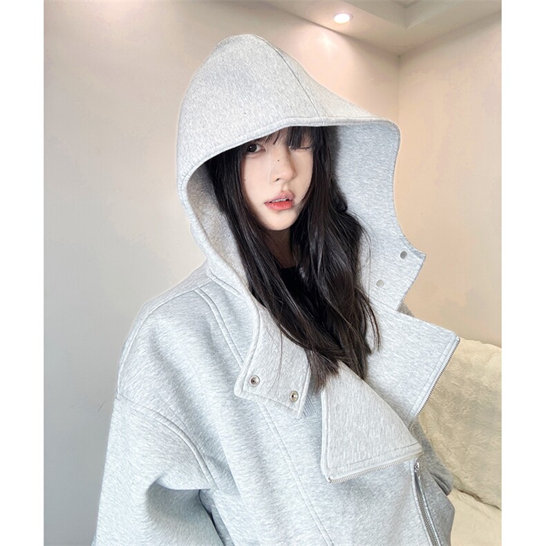 抖音得物品质26春装美式重磅结构斜拉链高领连帽卫衣开衫外套W61,女装短外套,电商A486-1