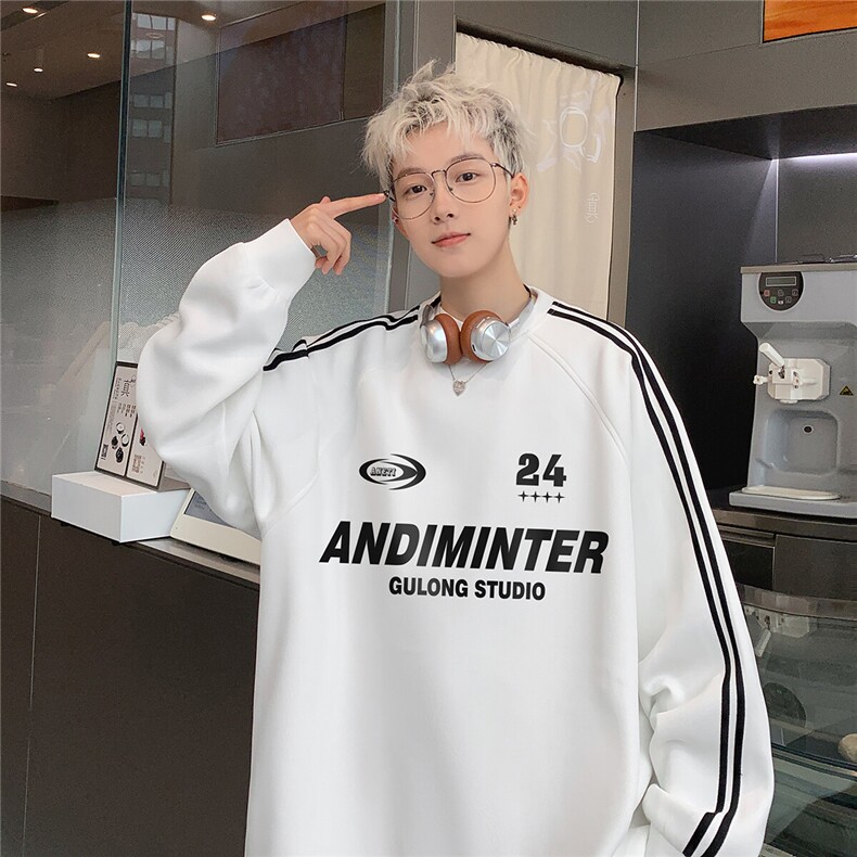 25港风新款320G珠地条纹织带拼接插肩袖圆领卫衣B905P48控68，男装卫衣，电商A247