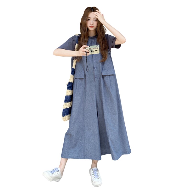 日系慵懒风无袖连体裤套装女2025夏新款小个子宽松休闲T恤两件套,女装套装/套裙,2C085