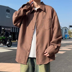 磨毛格子衬衫外套男春秋长袖宽松慵懒风男生复古外穿衬衣9071P50
