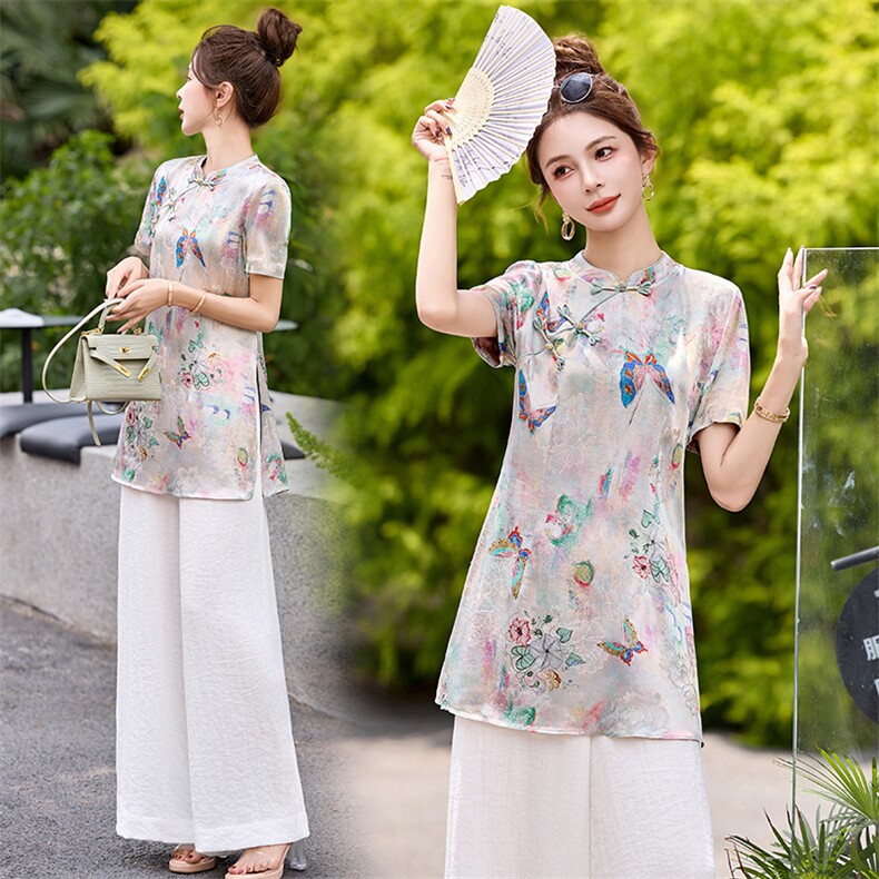 新中式印花改良旗袍女2026夏季新款气质上衣，女装T恤，美沁